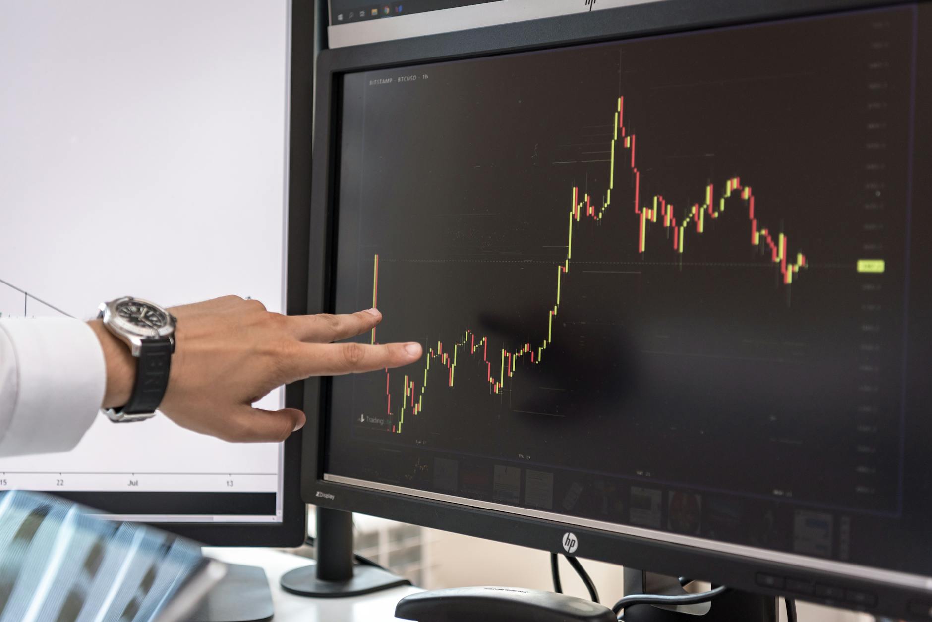 hand on screen with charts of cryptocurrency