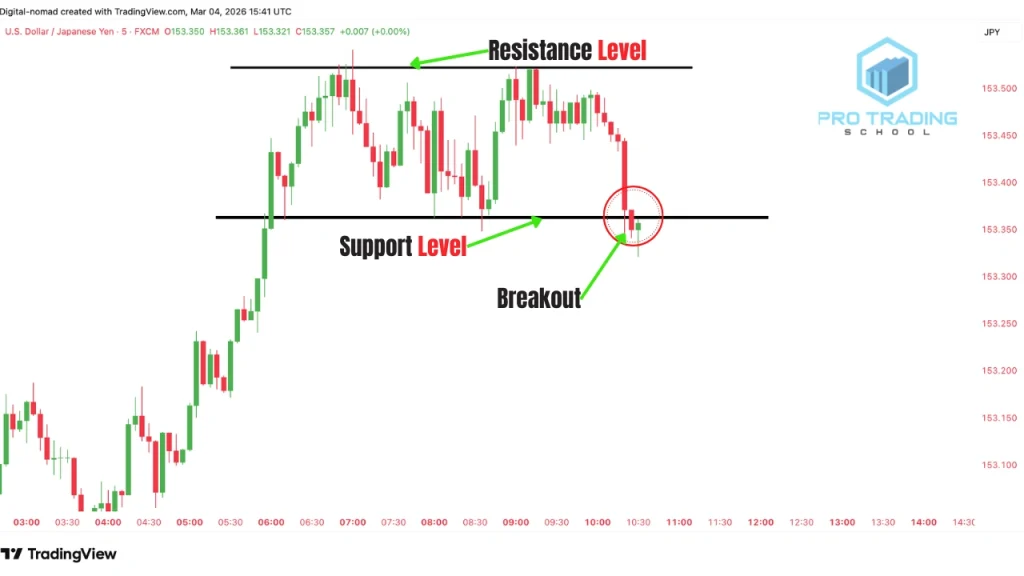 range breakout below support level in a sideways market