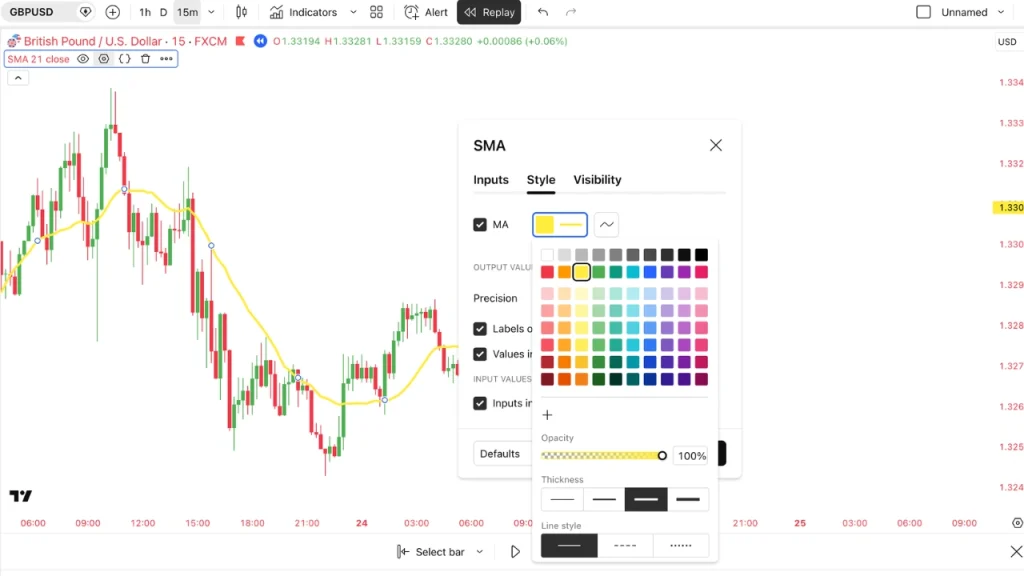 Customizing moving average settings on TradingView chart including period, color, and style for better trend analysis