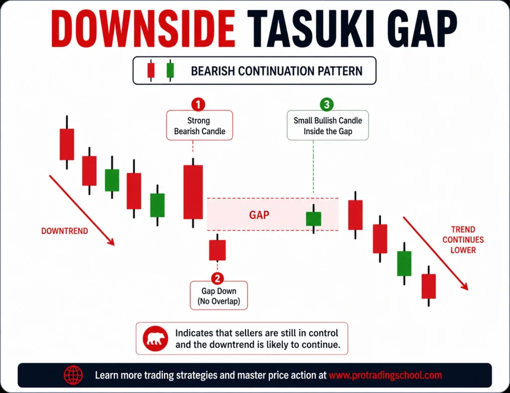 Downside Tasuki Gap Candlestick Pattern – Bearish Continuation Signal Downside tasuki gap candlestick pattern showing a bearish continuation with a gap down and partial retracement