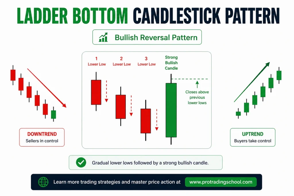 Ladder Bottom Candlestick Pattern – Bullish Reversal Signal Ladder bottom candlestick pattern showing bearish candles followed by a bullish reversal after a downtrend