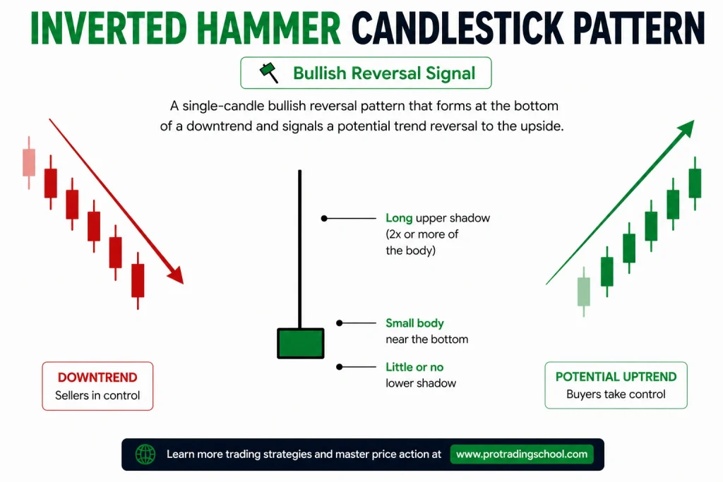 Inverted Hammer Candlestick Pattern – Bullish Reversal Signal Inverted hammer candlestick pattern showing a small body with a long upper shadow at the bottom of a downtrend indicating a bullish reversal