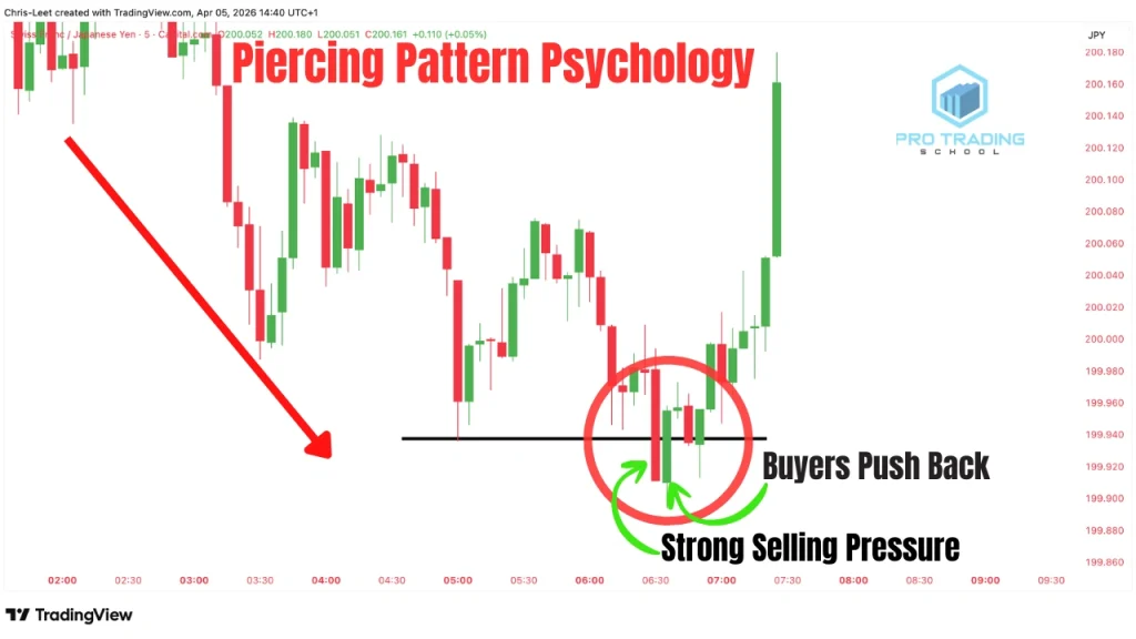 Piercing pattern psychology showing buyers starting to take control but needing confirmation