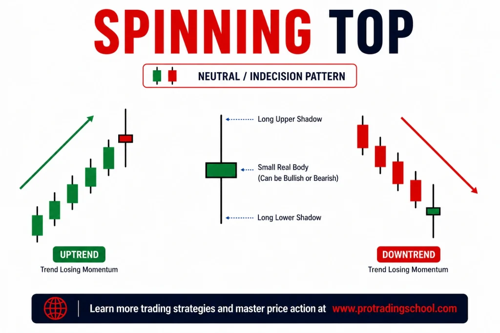 Spinning Top Candlestick Pattern – Market Indecision Signal Spinning top candlestick pattern showing a small body with upper and lower wicks indicating market indecision