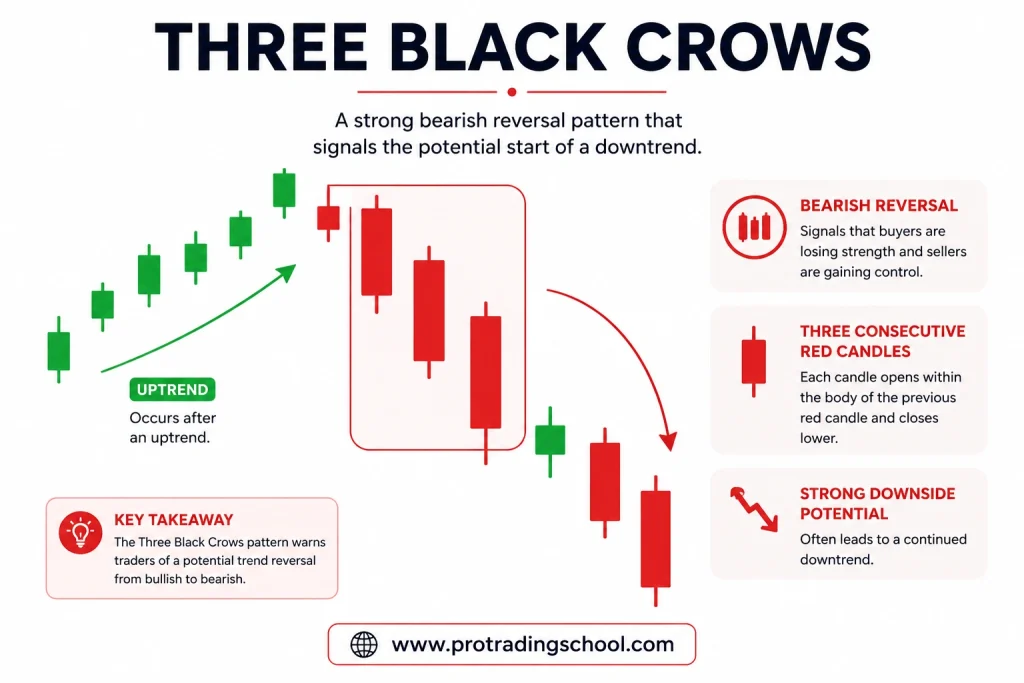 Three Black Crows Candlestick Pattern – Bearish Reversal Signal Three Black Crows candlestick pattern showing bearish reversal with three consecutive red candles after an uptrend