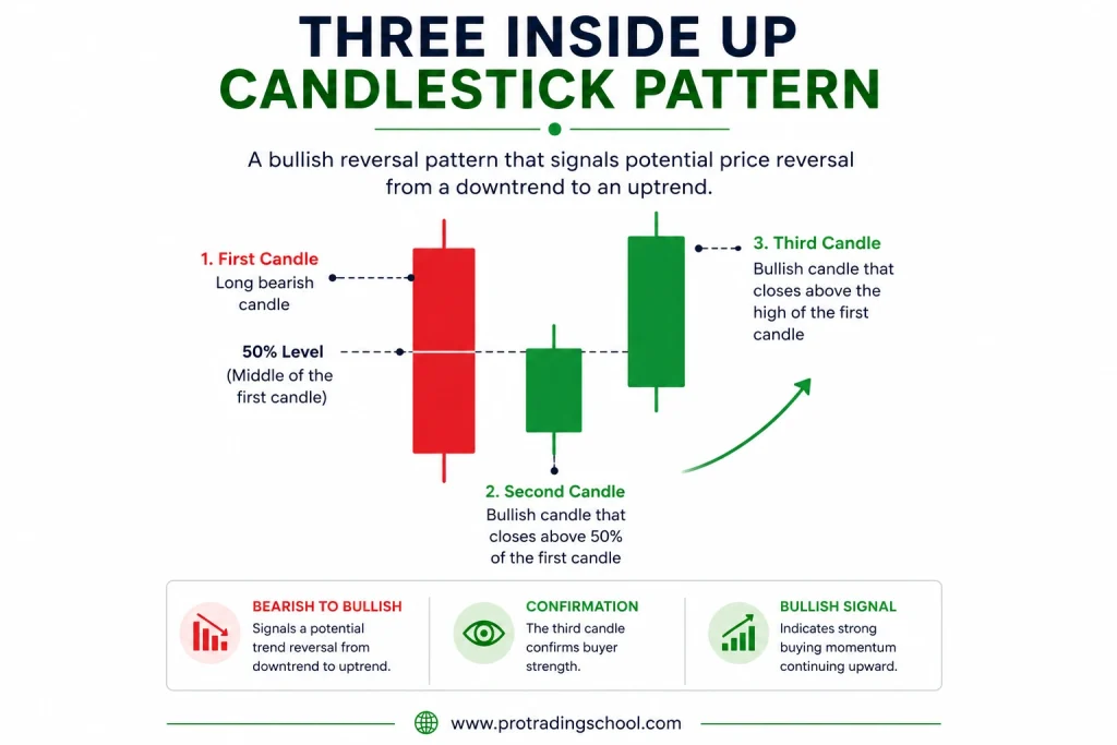 Three Inside Up Candlestick Pattern – Bullish Reversal Signal Three Inside Up candlestick pattern showing bullish reversal with a large bearish candle, a smaller bullish candle above 50% level, and a strong bullish confirmation candle