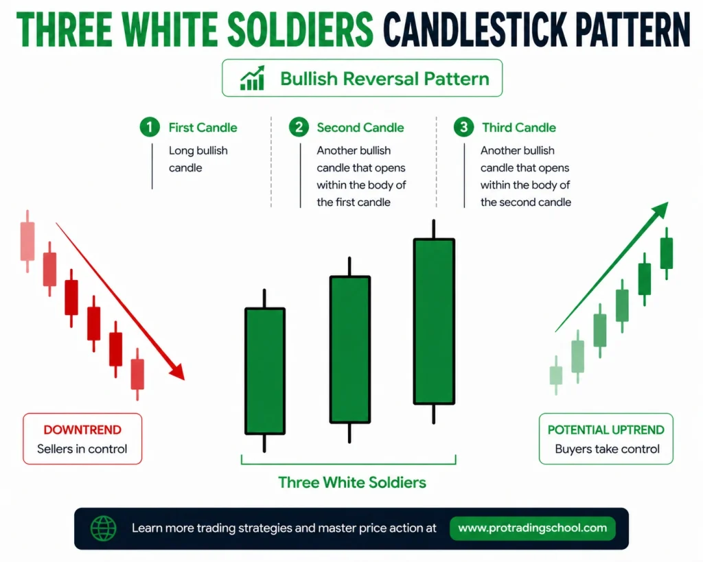 Three White Soldiers Candlestick Pattern – Bullish Reversal Signal Three White Soldiers candlestick pattern showing three consecutive bullish candles signaling a reversal after a downtrend