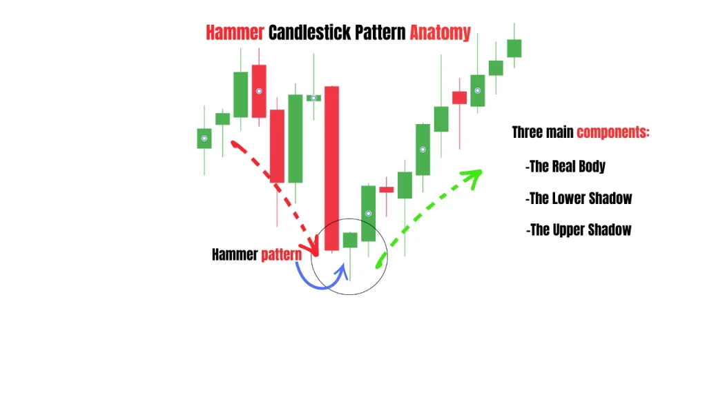 Anatomy of the hammer candlestick pattern showing the real body, lower shadow, and upper shadow