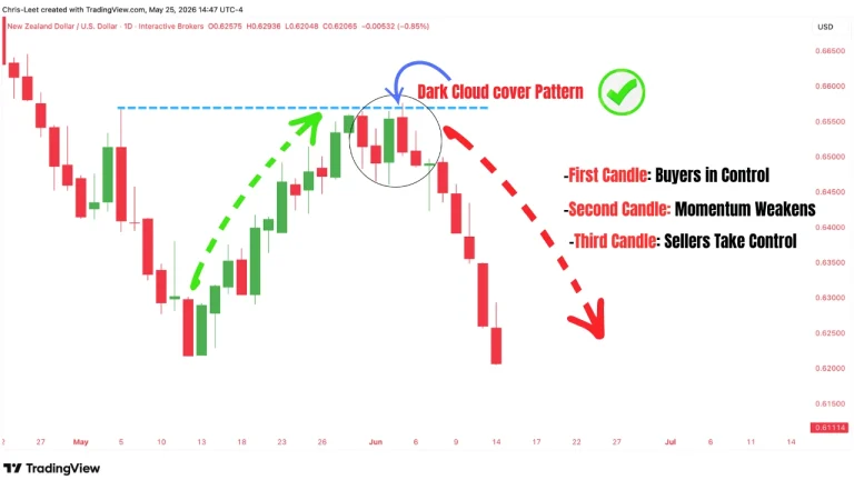 Dark Cloud Cover candlestick pattern showing a bearish reversal signal