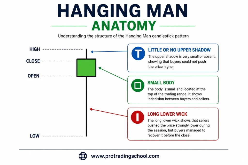 Anatomy of the hanging man candlestick pattern showing the small body and long lower wick