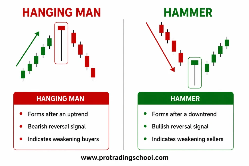 Comparison between the hanging man and hammer candlestick patterns showing the key differences