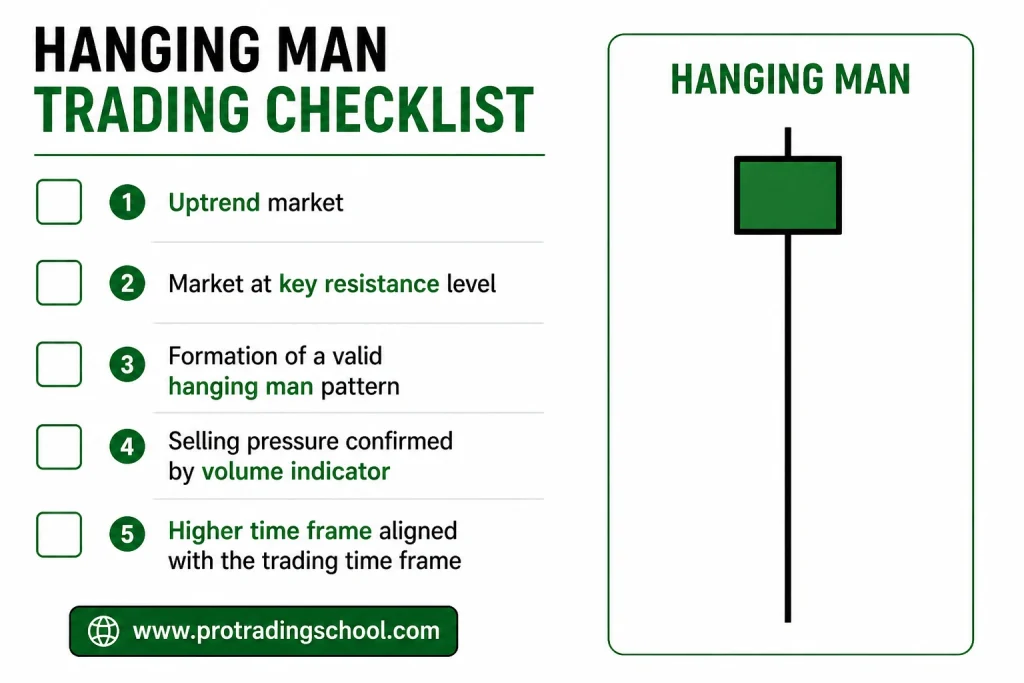 Hanging man candlestick trading checklist with confirmation points for bearish reversal setups