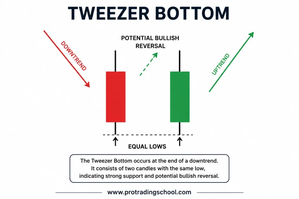 Anatomy of the tweezer bottom candlestick pattern showing equal lows and bullish reversal structure