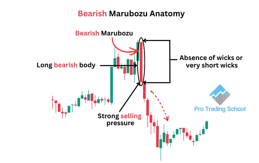Bearish Marubozu candlestick anatomy showing a long bearish body with little to no upper or lower shadows.