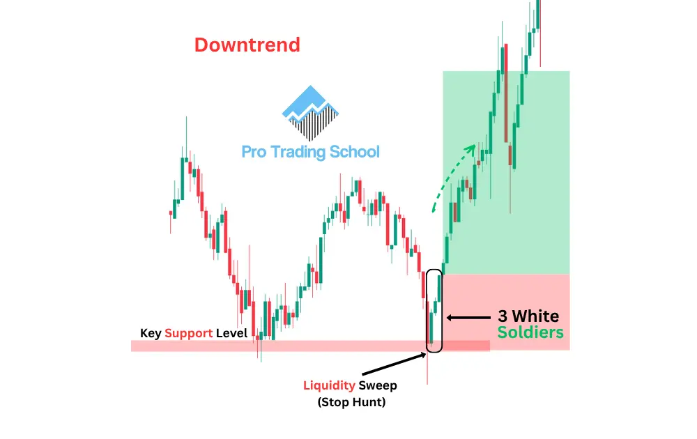 Three White Soldiers candlestick pattern forming after a liquidity sweep below a key support level and signaling a bullish reversal.