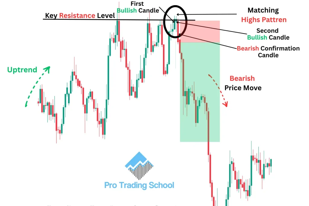 Matching High candlestick pattern forming at a resistance level followed by a bearish reversal