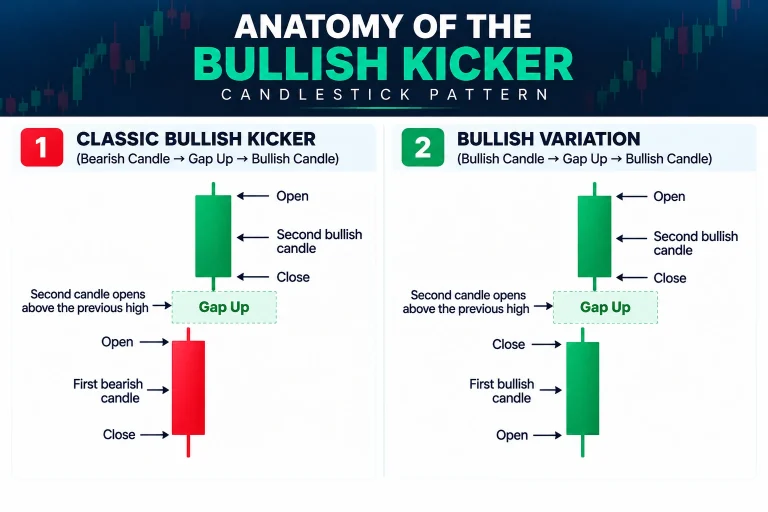Bullish Kicker Candlestick Pattern showing the classic formation and bullish variation
