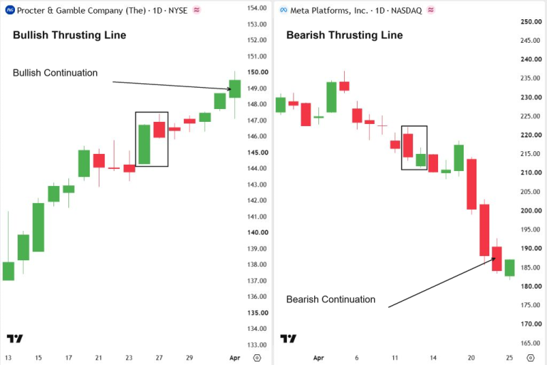 Thrusting Line Candlestick Pattern showing a two-candle bearish continuation formation during a downtrend.